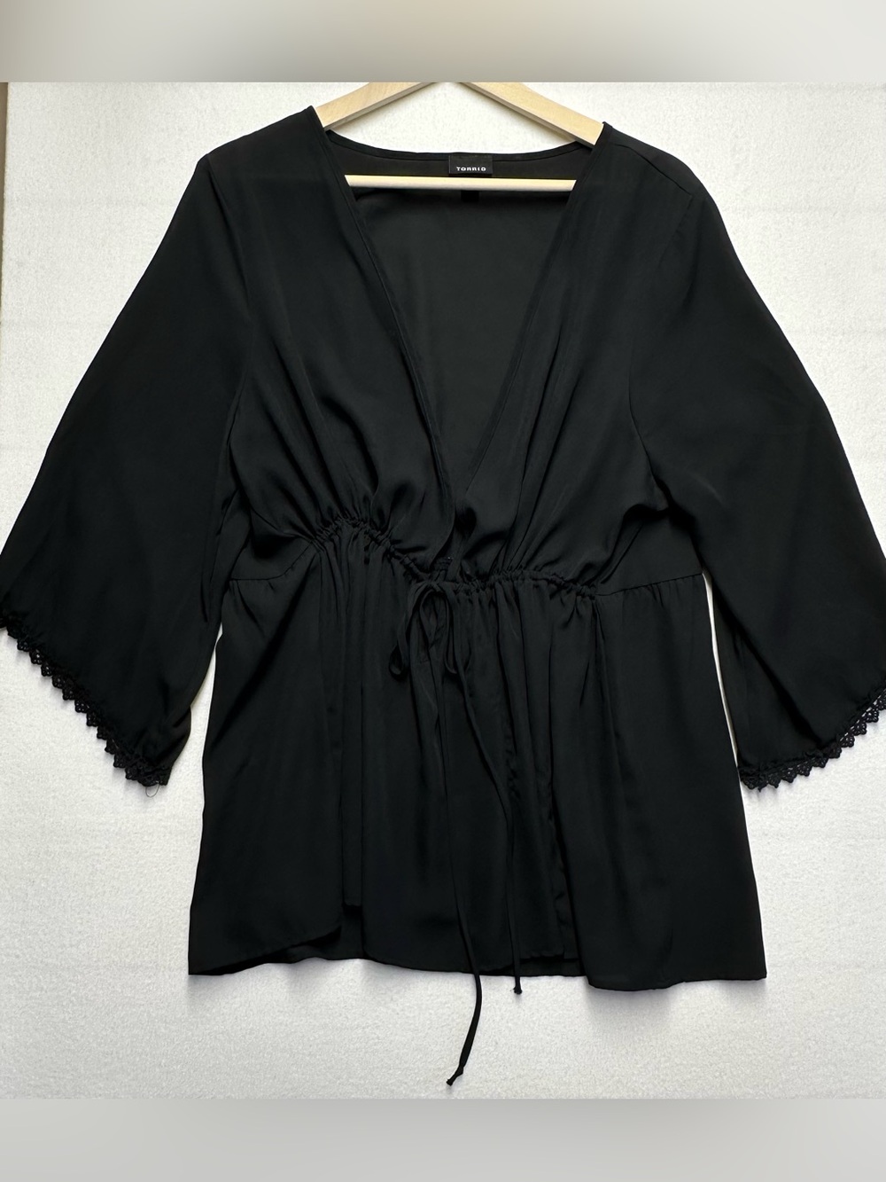 Torrid Black V‑Neck Top 2 • Lace Trim • Flowy Waist • Plus Size